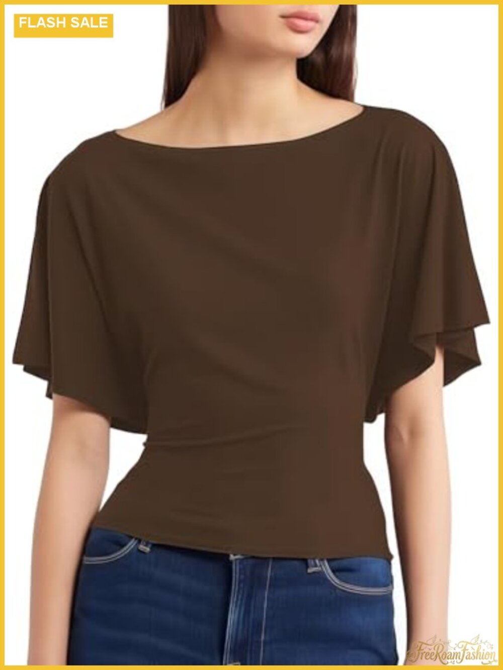 Women's Boat Neck Batwing Short Sleeve Wrap Top, Cinched Waist Tie Back Blouse,